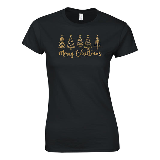 Tailliertes Damen Kurzarm T-Shirt mit Print - Minimalistisches Merry Christmas in gold - Weihnachten und Winter – viele Farben und große Größen - Schwarz