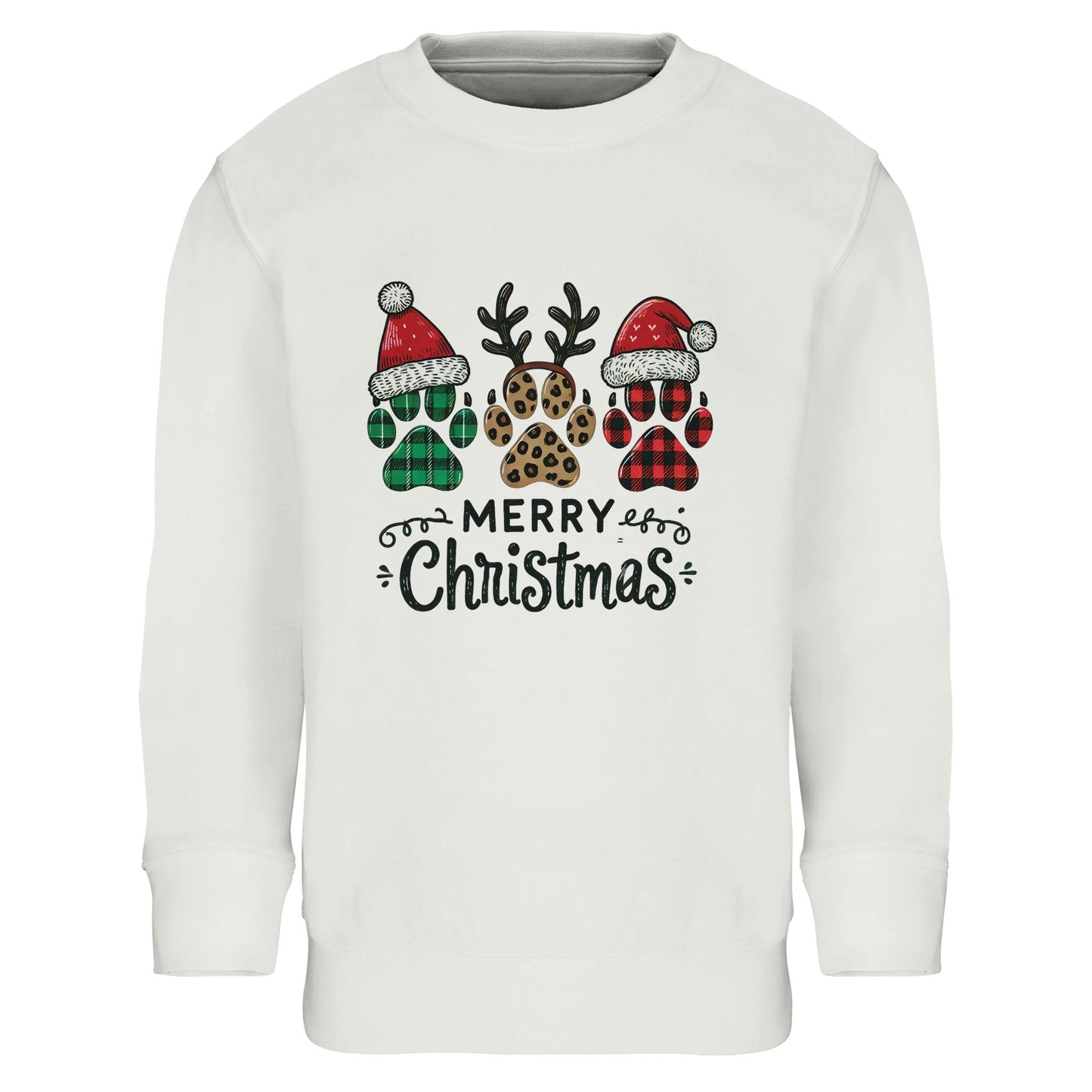 Unisex Kinder Sweatshirt mit weihnachtlichen Hundepfoten und Merry Christmas - hübscher Print für Weihnachten und Winter - 4 bis 14 Jahre – in vielen Farben und Größen - Weiß