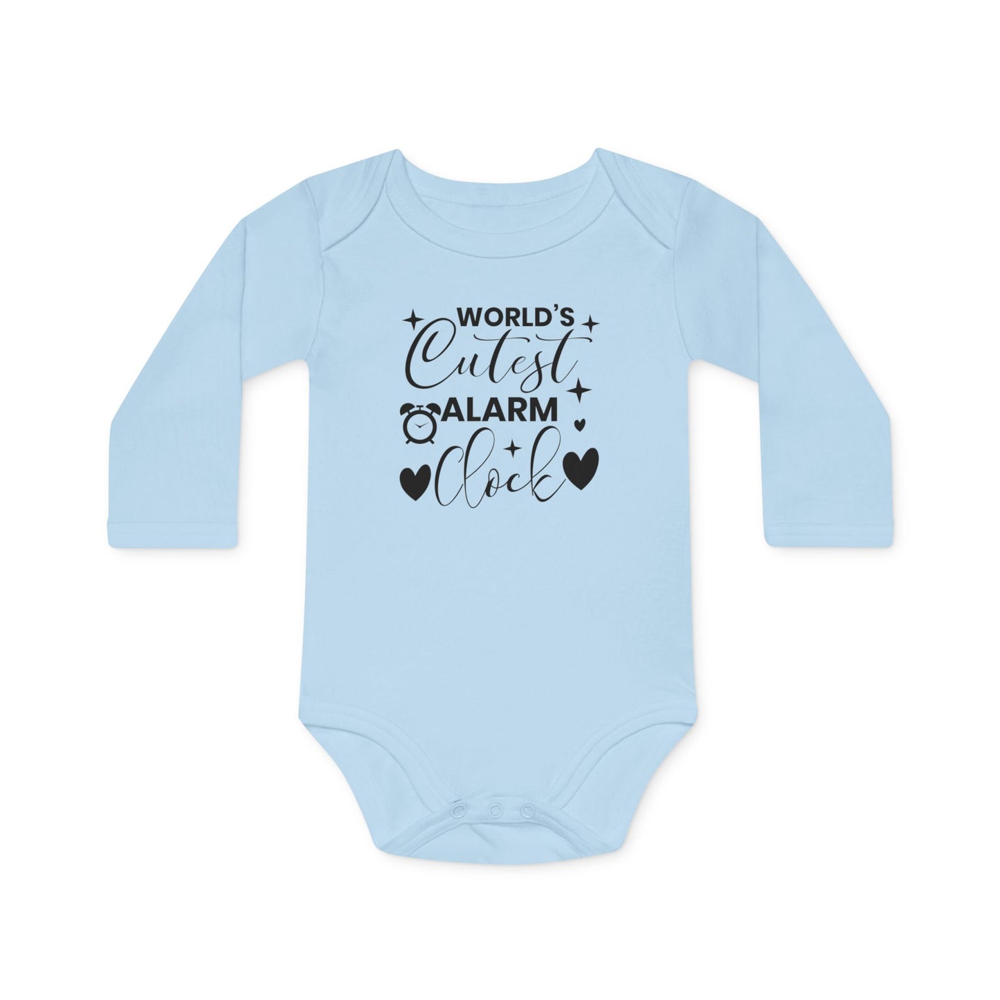 Langarm Baby und Kinder Bio Body mit Spruch mit Wecker - Unisex Bodysuit mit Aufdruck für Neugeborene und Kleinkinder - 100% Bio Baumwolle, 200 g/m², bis 18 Monate bzw. 86cm - Dusty Blue