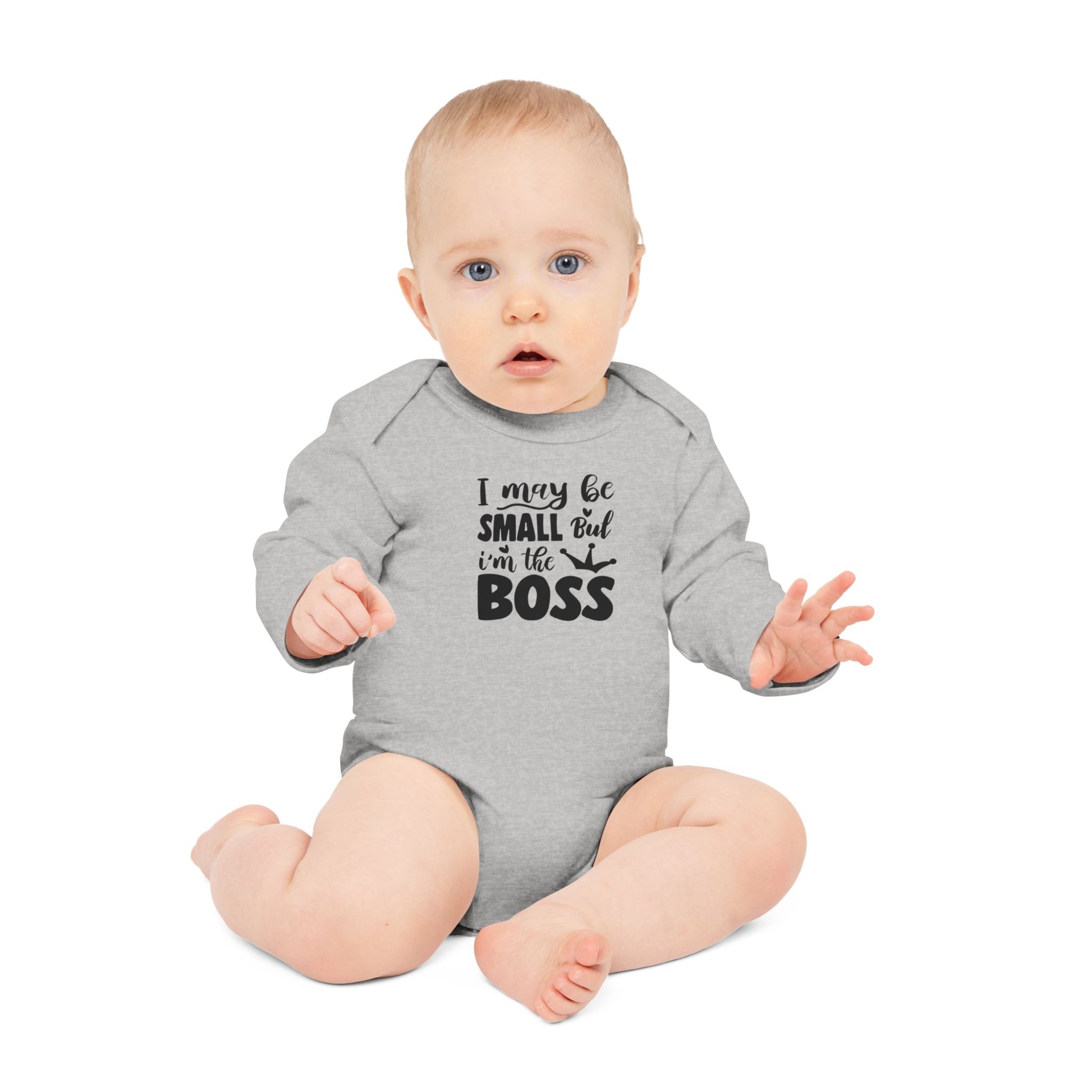 Langarm Baby und Kinder Bio Body mit Spruch "I may be small, but I´m the boss" - Unisex Bodysuit mit Aufdruck für Neugeborene und Kleinkinder - 100% Bio Baumwolle, 200 g/m², bis 18 Monate bzw. 86cm -