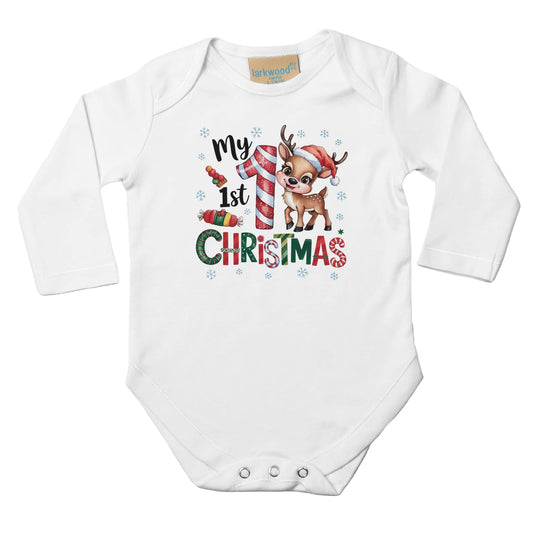 Baby Langarm Body für Weihnachten mit Aufdruck - My first Christmas mit Rentier - 100% Baumwolle - Größe bis 18 Monate bzw. 86 - Strampler Body mit Muster -