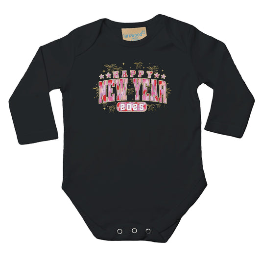 Mädchen Baby Langarm Body mit Aufdruck - 2025 Happy New Year - pink gold rosa - 100% Baumwolle - Größe bis 18 Monate bzw. 86 - Strampler Body mit Aufdruck -