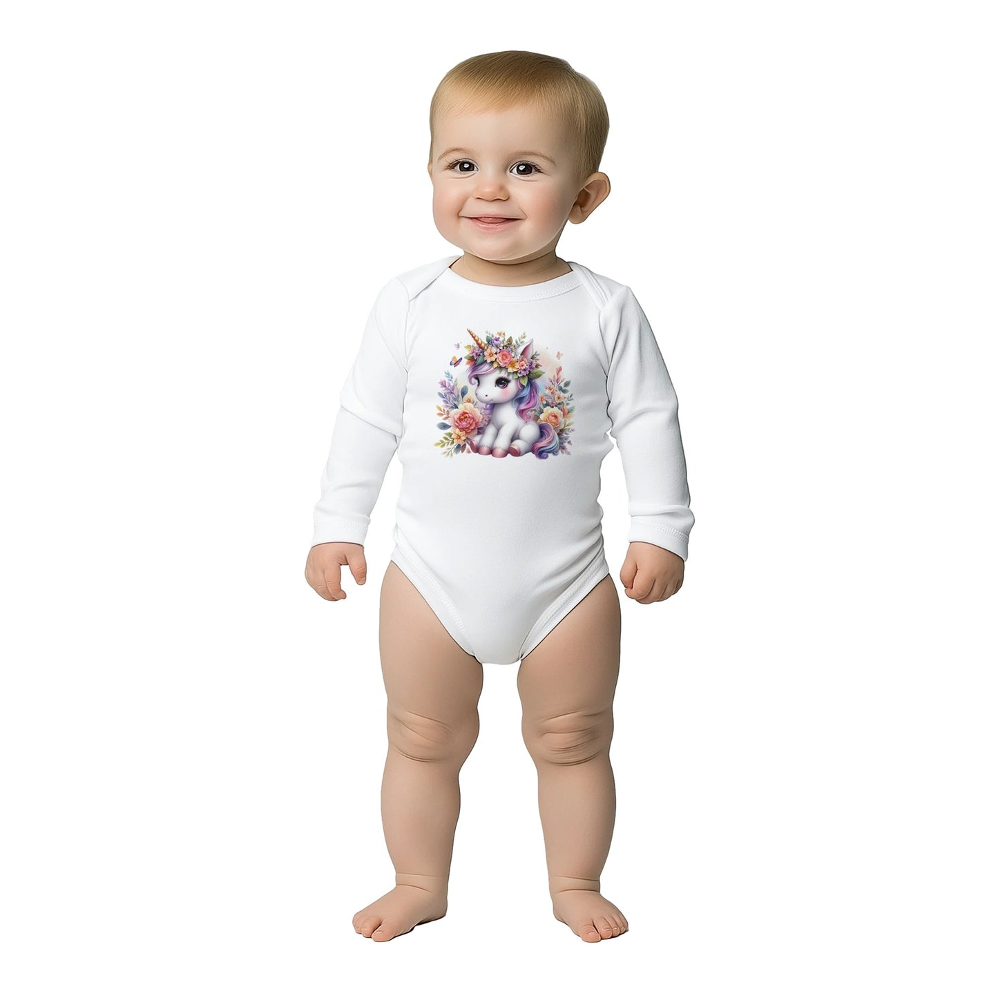 Unisex Baby Langarm Body mit Aufdruck - Einhorn Mädchen mit Blumen - 100% Baumwolle - Größe bis 18 Monate bzw. 86 - Strampler Body mit Aufdruck -