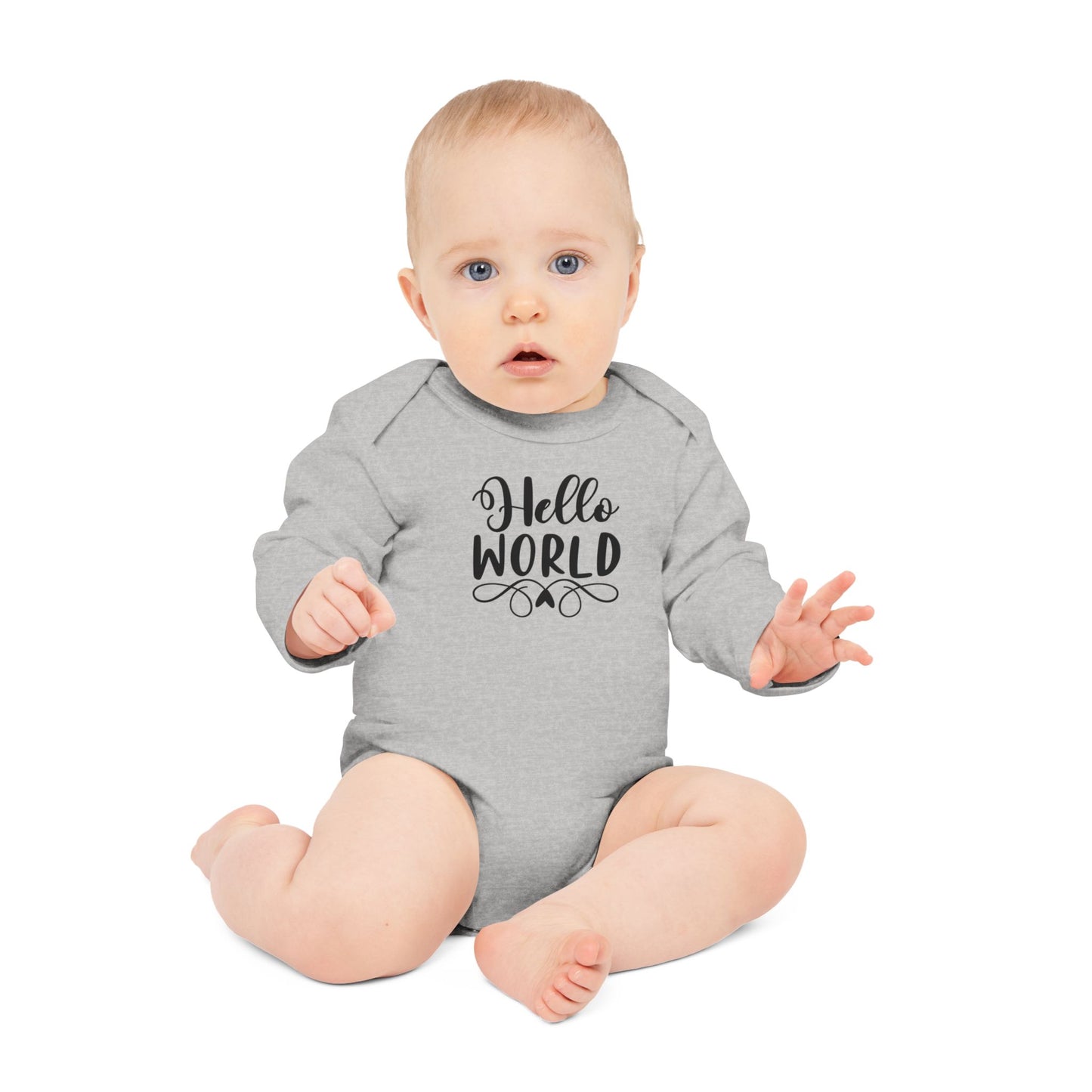 Langarm Baby und Kinder Bio Body mit Spruch "Hello World" - Unisex Bodysuit mit Aufdruck für Neugeborene und Kleinkinder - 100% Bio Baumwolle, 200 g/m², bis 18 Monate bzw. 86cm -