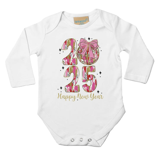 Mädchen Baby Langarm Body mit Aufdruck - 2025 Happy New Year mit Kugel und Masche - pink gold rosa - 100% Baumwolle - Größe bis 18 Monate bzw. 86 - Strampler Body mit Aufdruck -