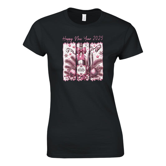 Tailliertes Damen Kurzarm T-Shirt mit Print für den Jahreswechsel – Happy New Year 2025 mit Sekt – pink schwarz weiß - auch in großen Größen - Schwarz