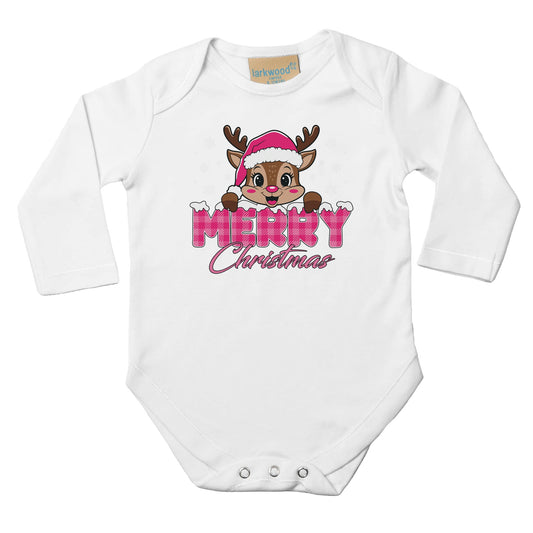 Baby Langarm Body für Weihnachten mit Mädchen Aufdruck - Merry Christmas mit Elch - 100% Baumwolle - Größe bis 18 Monate bzw. 86 - Strampler Body mit Muster -