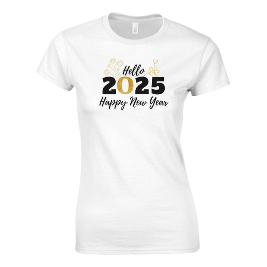 Tailliertes Damen Kurzarm T-Shirt mit Print für den Jahreswechsel – Hello 2025 - Happy New Year mit gold schwarz weiß - in großen Größen -