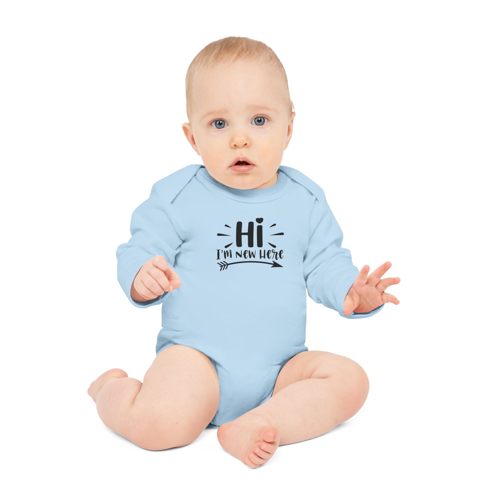 Langarm Baby und Kinder Bio Body mit Spruch "Hi - I´m new here" - Unisex Bodysuit mit Aufdruck für Neugeborene und Kleinkinder - 100% Bio Baumwolle, 200 g/m², bis 18 Monate bzw. 86cm -