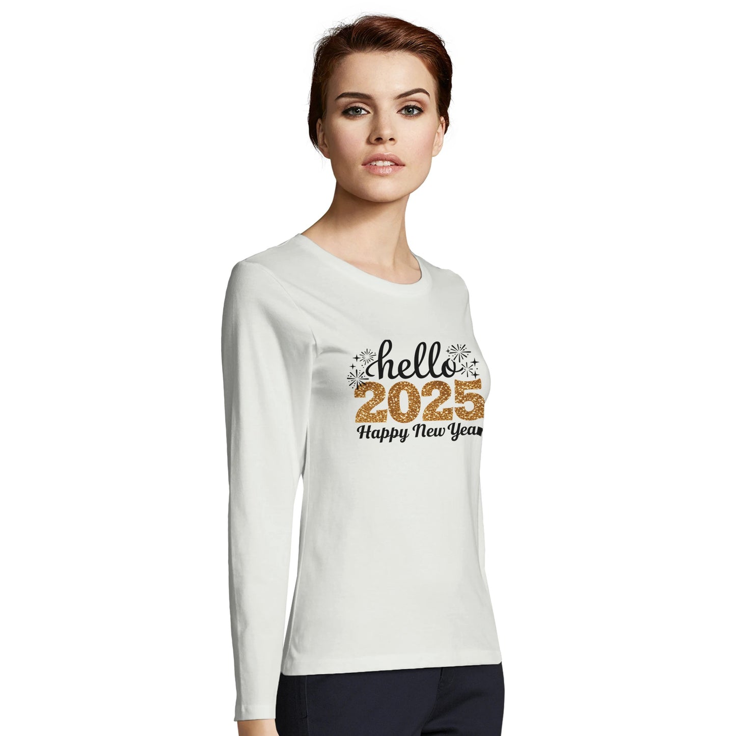 Tailliertes Damen Langarm T-Shirt mit Spruch für Jahreswechsel bzw. Silvester Print - hello 2025 Happy New Year in schwarz gold weiß - mehrere Farben und große Größen -