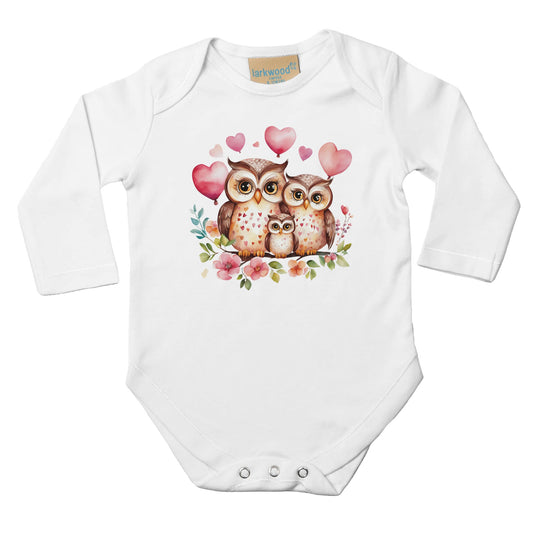 Unisex Baby Langarm Body mit Aufdruck - Eulen Mama und Baby mit Herzen - 100% Baumwolle - Größe bis 18 Monate bzw. 86 - Strampler Body mit Aufdruck -