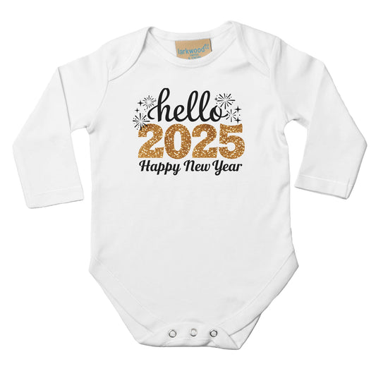 Unisex Baby Langarm Body mit Aufdruck - hello 2025 Happy New Year - 100% Baumwolle - Größe bis 18 Monate bzw. 86 - Strampler Body mit Aufdruck -