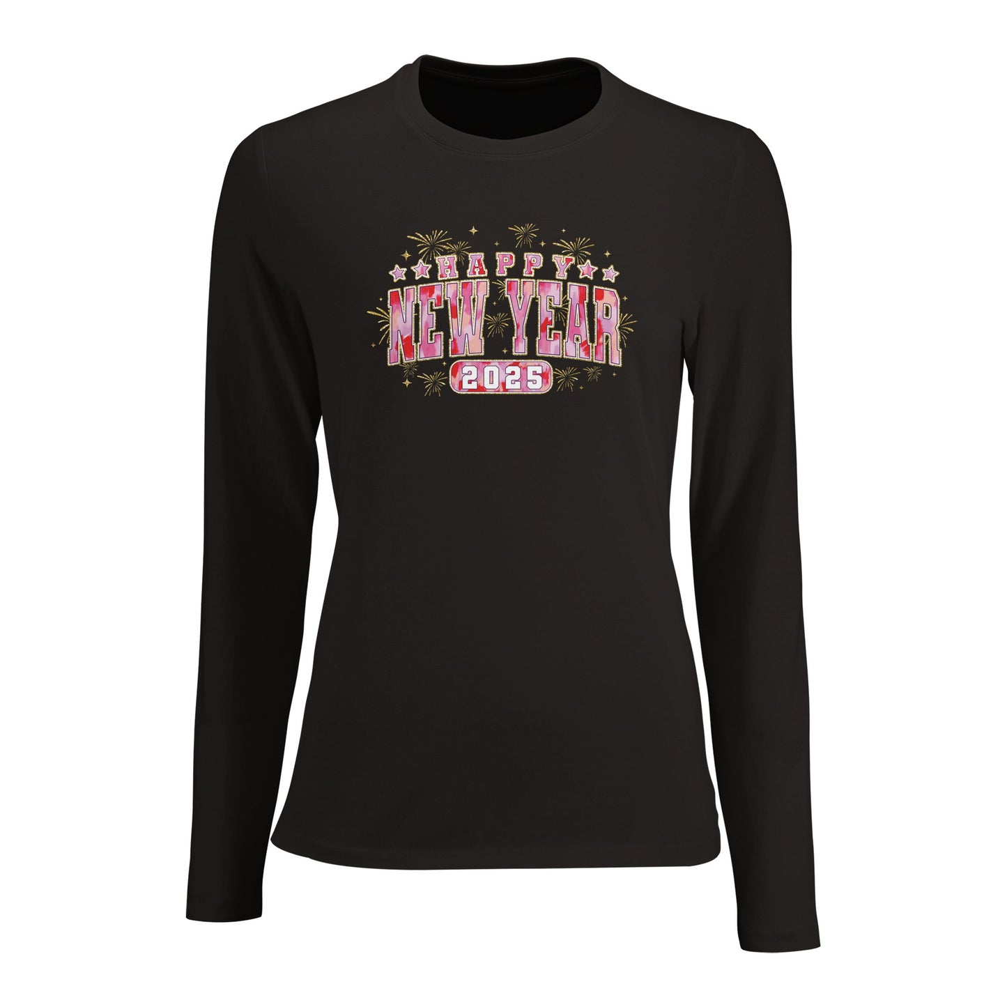 Tailliertes Damen Langarm T-Shirt mit Spruch für Jahreswechsel bzw. Silvester Print - Retro Happy New Year 2025 mit Feuerwerk - mehrere Farben und große Größen - Deep Black