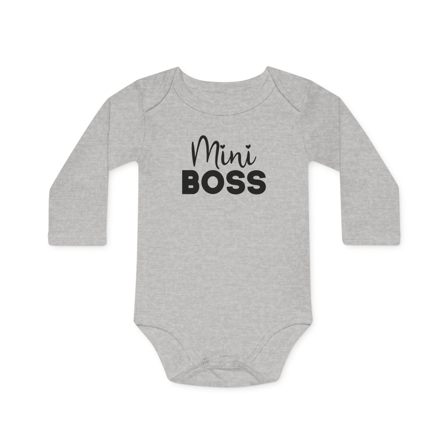 Langarm Baby und Kinder Bio Body mit Spruch "Mini Boss" - Unisex Bodysuit mit Aufdruck für Neugeborene und Kleinkinder - 100% Bio Baumwolle, 200 g/m², bis 18 Monate bzw. 86cm - mehrere Farben und Größen - Heather Grey Melange