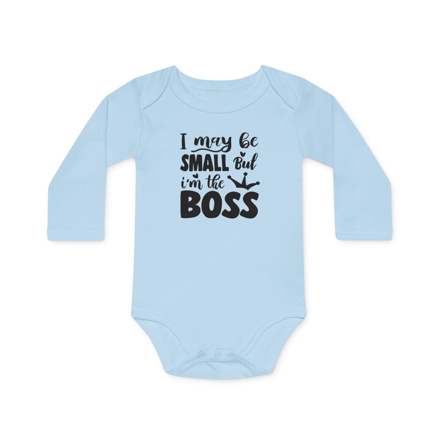 Langarm Baby und Kinder Bio Body mit Spruch "I may be small, but I´m the boss" - Unisex Bodysuit mit Aufdruck für Neugeborene und Kleinkinder - 100% Bio Baumwolle, 200 g/m², bis 18 Monate bzw. 86cm - Dusty Blue