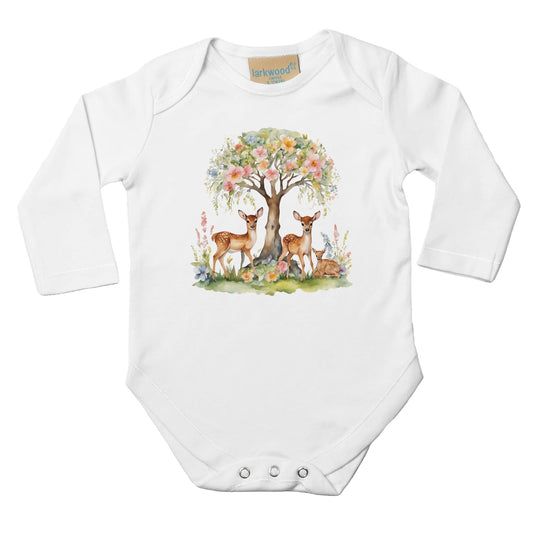 Unisex Baby Langarm Body mit Aufdruck - Drei Rehe mit Blumen - 100% Baumwolle - Größe bis 18 Monate bzw. 86 - Strampler Body mit Aufdruck -