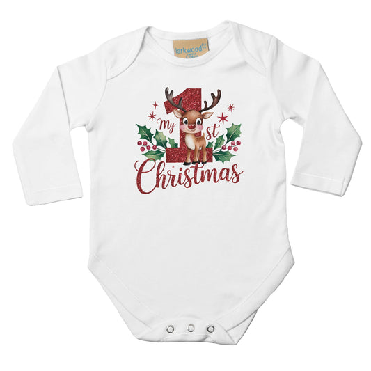 Unisex Baby Langarm Body für Weihnachten mit Aufdruck - My first Christmas mit Elch - 100% Baumwolle - Größe bis 18 Monate bzw. 86 - Strampler Body mit Muster -