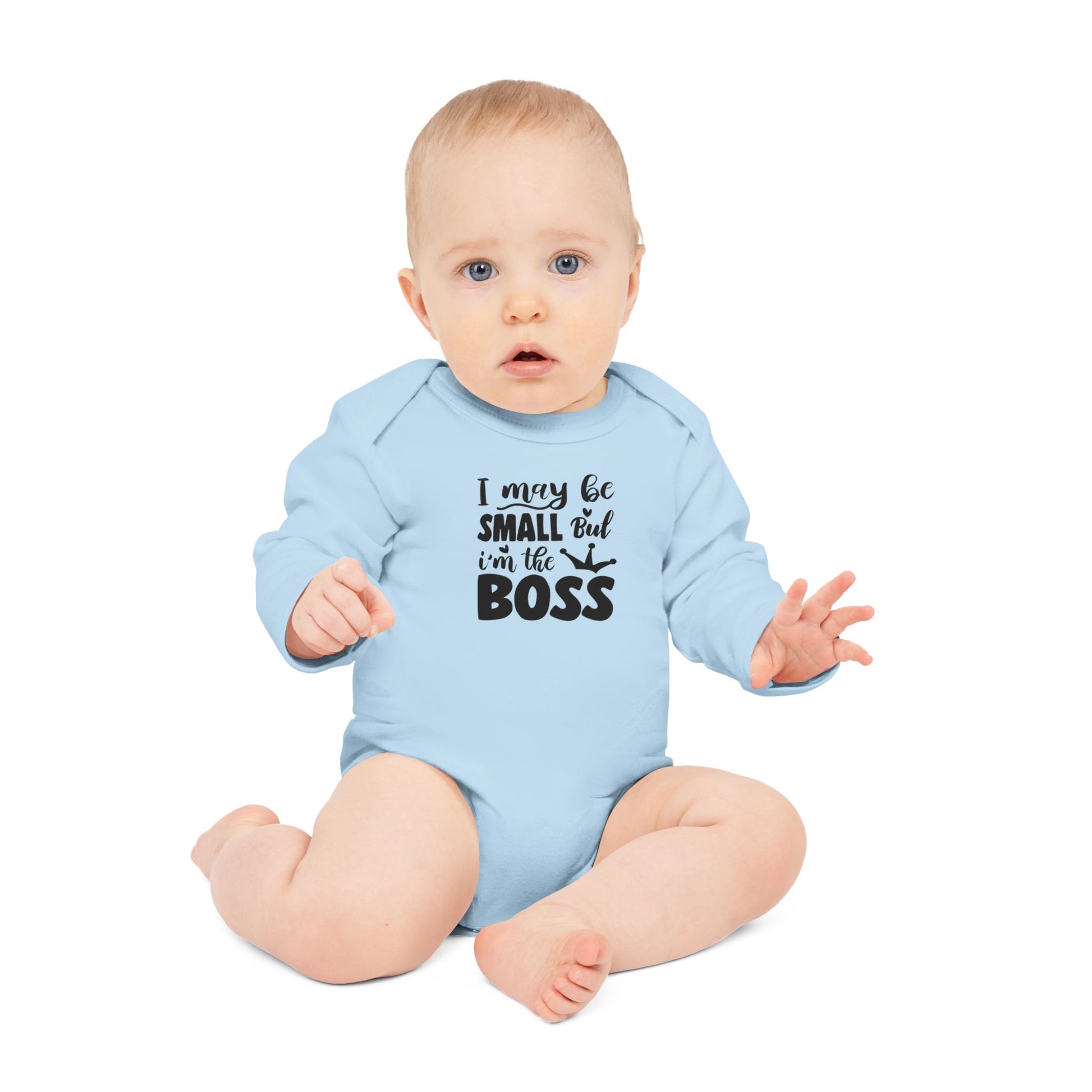 Langarm Baby und Kinder Bio Body mit Spruch "I may be small, but I´m the boss" - Unisex Bodysuit mit Aufdruck für Neugeborene und Kleinkinder - 100% Bio Baumwolle, 200 g/m², bis 18 Monate bzw. 86cm -