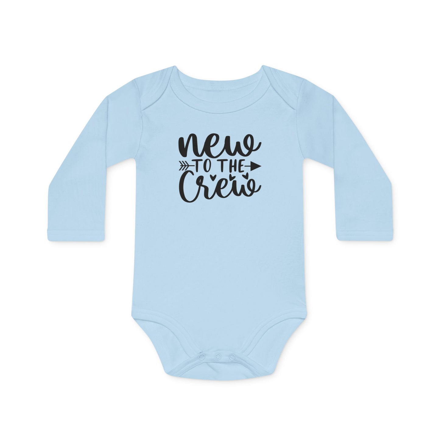 Langarm Baby und Kinder Bio Body mit Spruch "Mew to the crew" - Unisex Bodysuit mit Aufdruck für Neugeborene und Kleinkinder - 100% Bio Baumwolle, 200 g/m², bis 18 Monate bzw. 86cm - mehrere Farben und Größen - Dusty Blue