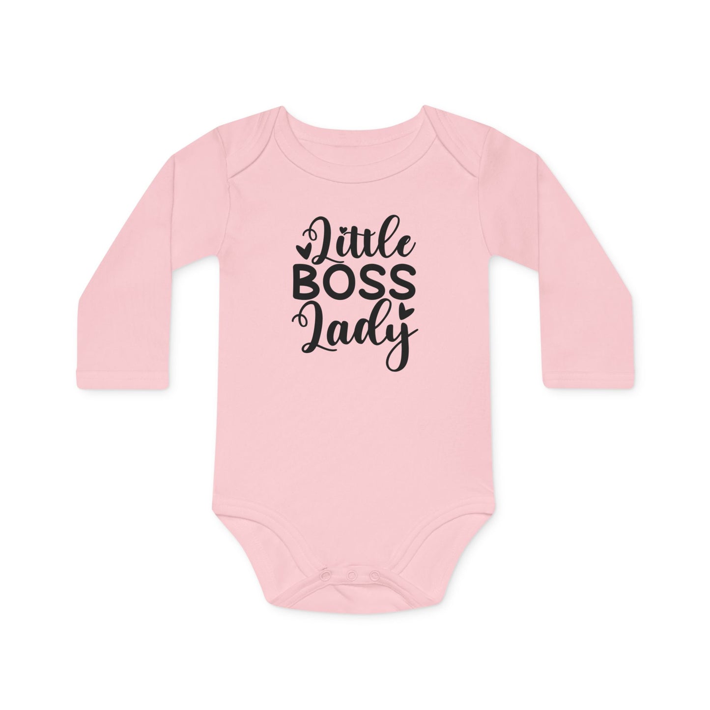 Langarm Baby und Kinder Bio Body mit Spruch "Little Boss Lady" - Unisex Bodysuit mit Aufdruck für Neugeborene und Kleinkinder - 100% Bio Baumwolle, 200 g/m², bis 18 Monate bzw. 86cm - Powder Pink