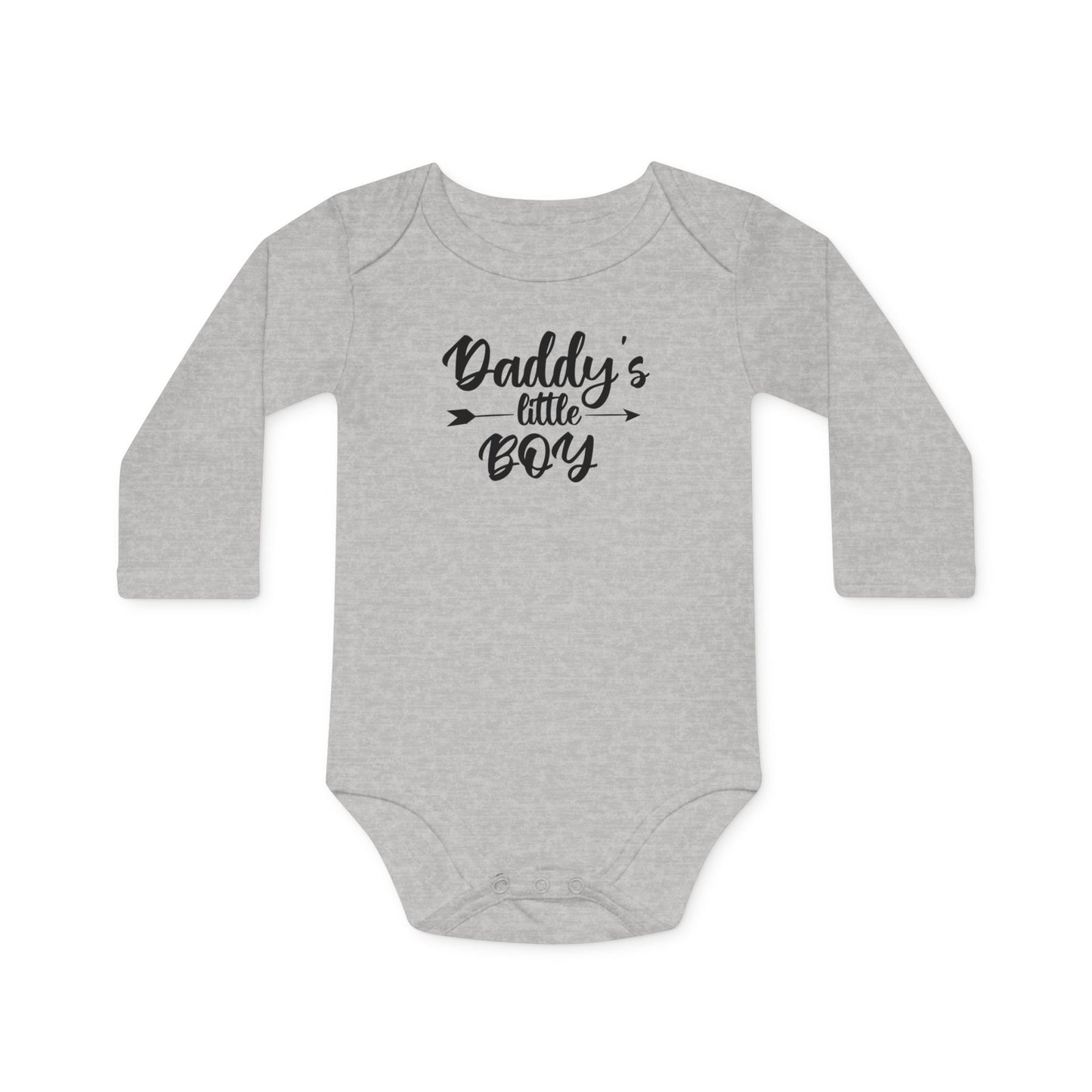 Langarm Baby und Kinder Bio Body mit Spruch "Daddys little Boy" - Unisex Bodysuit mit Aufdruck für Neugeborene und Kleinkinder - 100% Bio Baumwolle, 200 g/m², bis 18 Monate bzw. 86cm - Heather Grey Melange