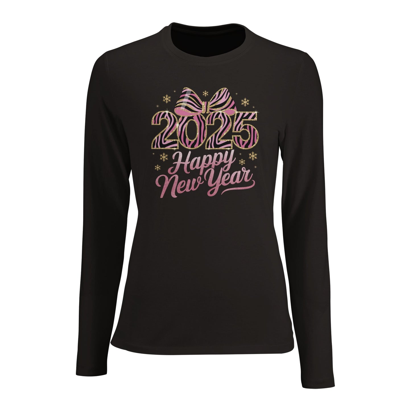 Tailliertes Damen Langarm T-Shirt mit Spruch für Jahreswechsel bzw. Silvester Print - 2025 Happy New Year mit Masche - mehrere Farben und große Größen - Deep Black