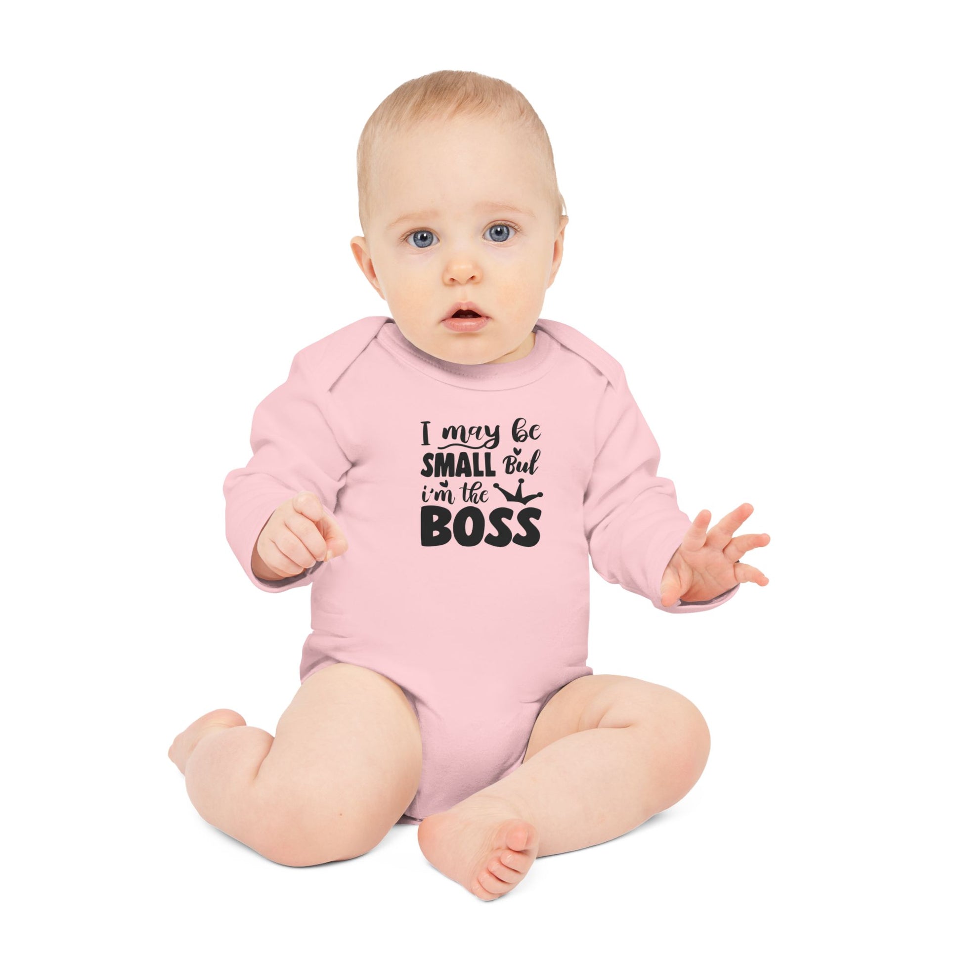 Langarm Baby und Kinder Bio Body mit Spruch "I may be small, but I´m the boss" - Unisex Bodysuit mit Aufdruck für Neugeborene und Kleinkinder - 100% Bio Baumwolle, 200 g/m², bis 18 Monate bzw. 86cm -