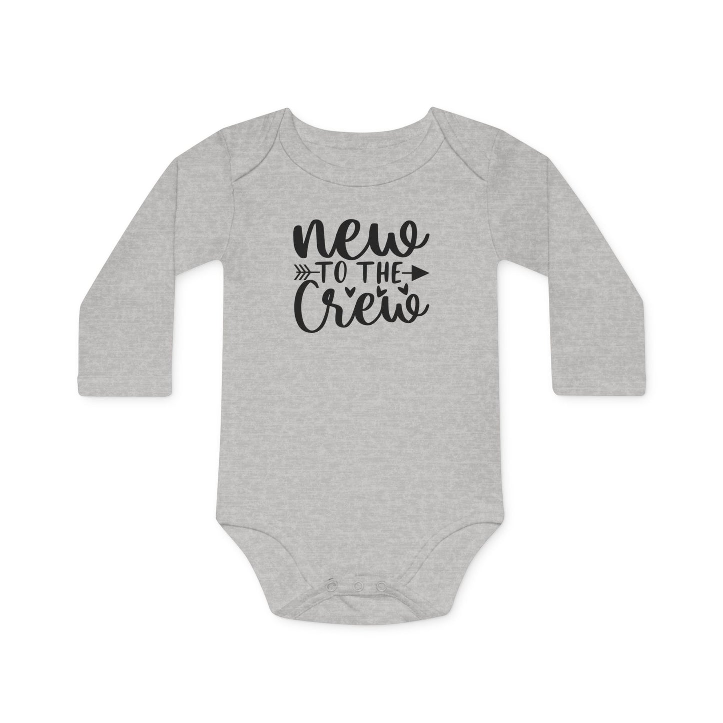 Langarm Baby und Kinder Bio Body mit Spruch "Mew to the crew" - Unisex Bodysuit mit Aufdruck für Neugeborene und Kleinkinder - 100% Bio Baumwolle, 200 g/m², bis 18 Monate bzw. 86cm - mehrere Farben und Größen - Heather Grey Melange