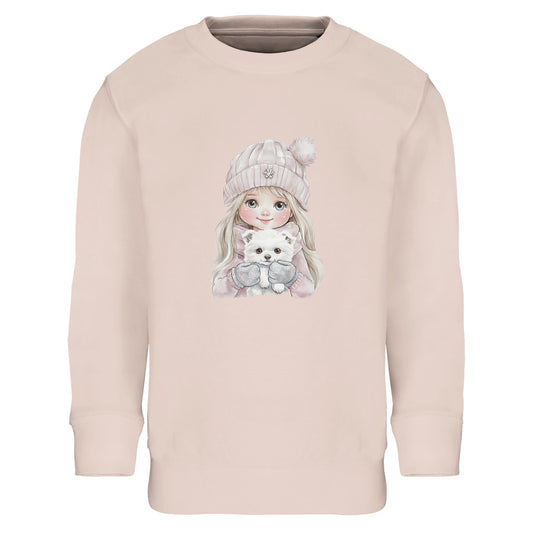 Kinder Sweatshirt mit Mädchen und Hund - hübscher Print für Weihnachten und Winter - 4 bis 14 Jahre – in vielen Farben und Größen - creamy pink