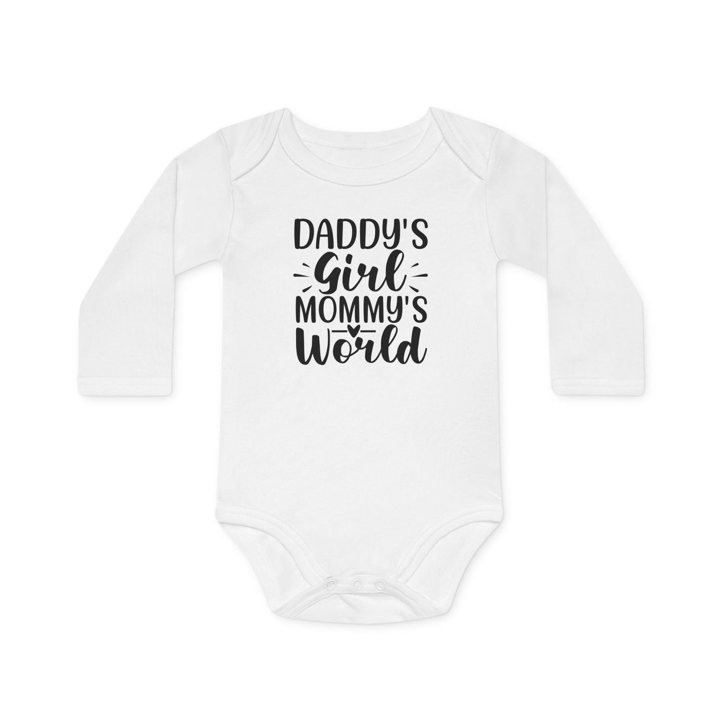 Langarm Baby und Kinder Bio Body mit Spruch "Daddys Girl - Mummys World" - Unisex Bodysuit mit Aufdruck für Neugeborene und Kleinkinder - 100% Bio Baumwolle, 200 g/m², bis 18 Monate bzw. 86cm - White