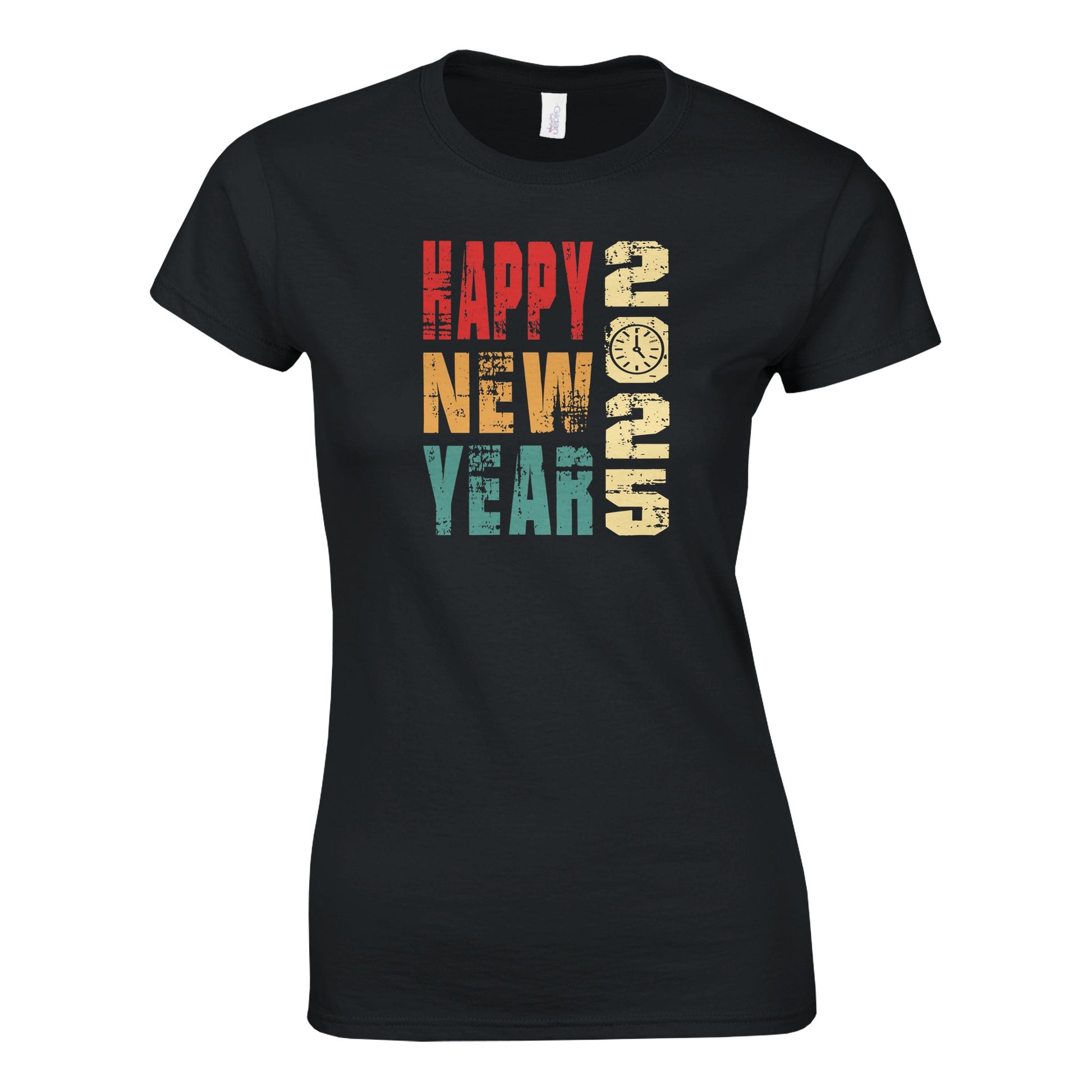 Tailliertes Damen Kurzarm T-Shirt mit Print für den Jahreswechsel - Happy new Year 2025 - viele Farben und große Größen -