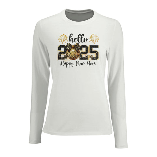 Tailliertes Damen Langarm T-Shirt mit Spruch für Jahreswechsel bzw. Silvester Print - Hello 2025 Happy New Year mit Feuerwerk Masche und Kugel - schwarz gold weiß - mehrere Farben und große Größen - Weiß