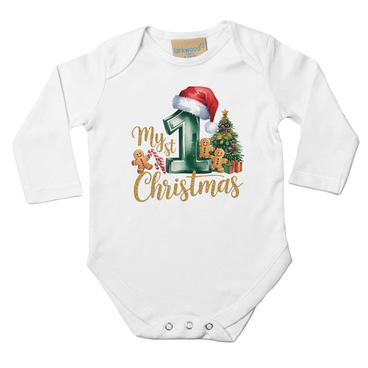 Unisex Baby Langarm Body für Weihnachten mit Aufdruck - My first Christmas - 100% Baumwolle - Größe bis 18 Monate bzw. 86 - Strampler Body mit Muster -