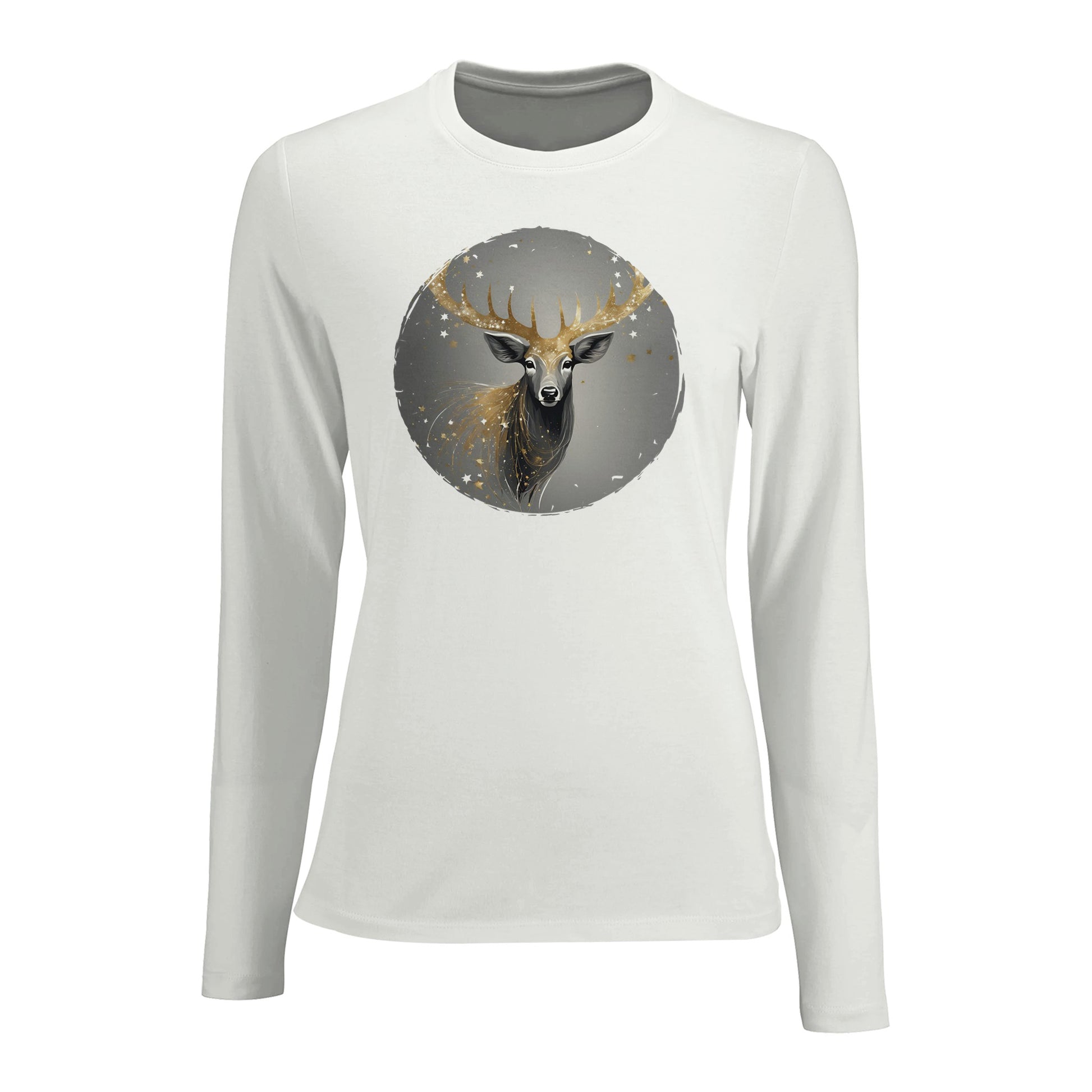 Tailliertes Damen Langarm-T-Shirt mit Hirsch als elegantem Aufdruck - grau weiß gold - Weiß