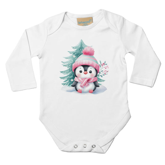 Baby Langarm Body mit pastell Mädchen Aufdruck mit Pinguin im Schnee - für Weihnachten und Winter - 100% Baumwolle - Größe bis 18 Monate bzw. 86 - Strampler Body mit Muster -