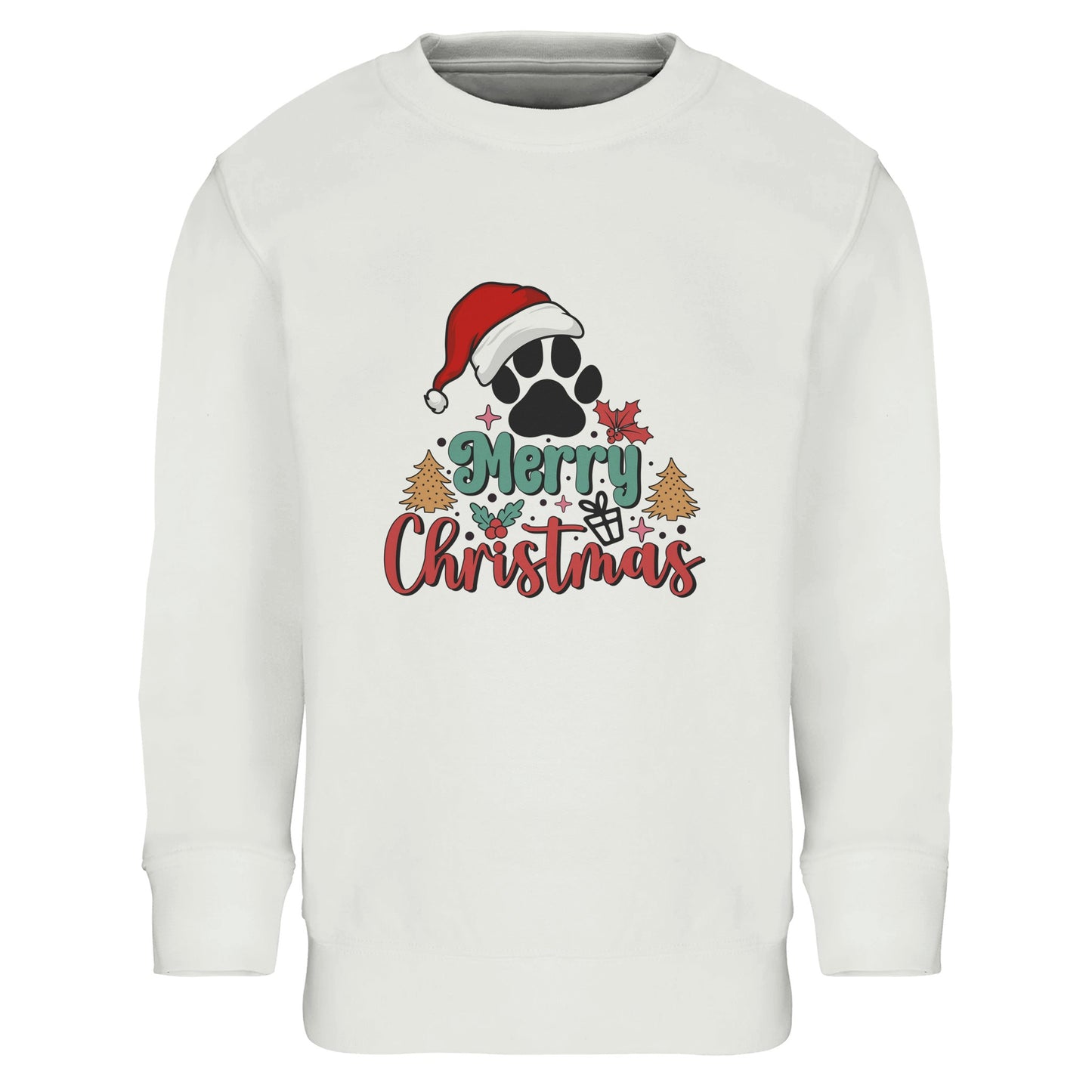 Unisex Kinder Sweatshirt mit Hundepfote und Merry Christmas - hübscher Print für Weihnachten und Winter - 4 bis 14 Jahre – in vielen Farben und Größen - gebürstet - Weiß