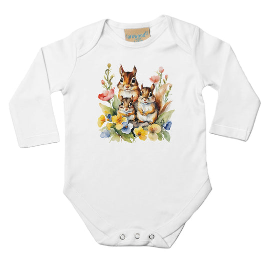 Unisex Baby Langarm Body mit Aufdruck - Streifenhörnchen Mama und Babys mit Blumen - 100% Baumwolle - Größe bis 18 Monate bzw. 86 - Strampler Body mit Aufdruck -