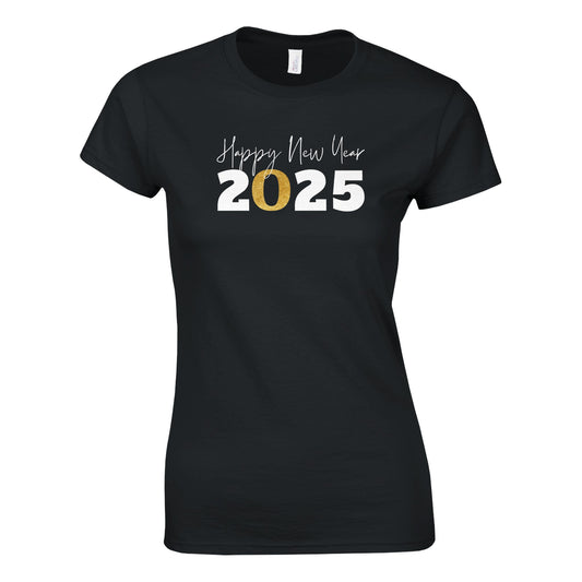 Tailliertes Damen Kurzarm T-Shirt mit Print für den Jahreswechsel – Happy New Year 2025 - auch in großen Größen -