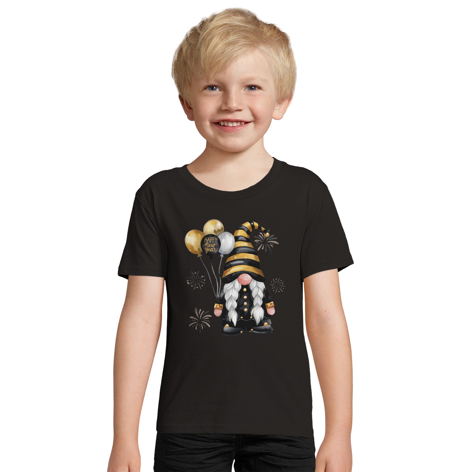 Kinder BIO Kurzarm Rundhals-T-Shirt mit Print für den Jahreswechsel bzw. Silvester - Gnom mit Luftballons - gold schwarz - körperbetonter Schnitt - Größe 86 bis 152 und mehrere Farben -