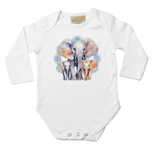 Unisex Baby Langarm Body mit Aufdruck - Elefanten Mandala mit Mama und Babys - 100% Baumwolle - Größe bis 18 Monate bzw. 86 - Strampler Body mit Aufdruck -