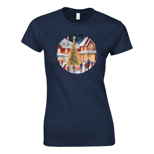 Tailliertes Damen Kurzarm T-Shirt mit Print - Romantischer Christbaum in der Stadt - Weihnachten und Winter – viele Farben und große Größen - Marine