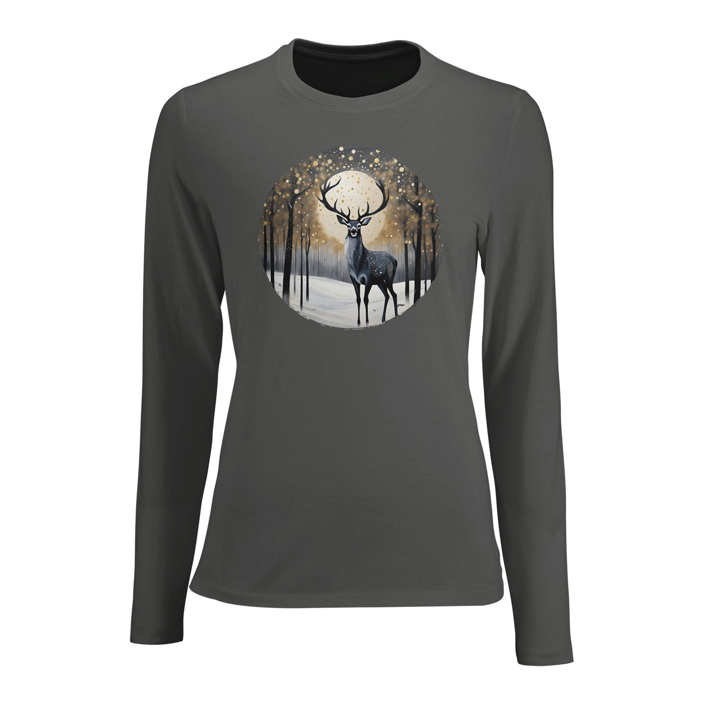 Tailliertes Damen Langarm-T-Shirt mit Hirsch vor Vollmond - grau weiß gold schwarz - charcoal melange