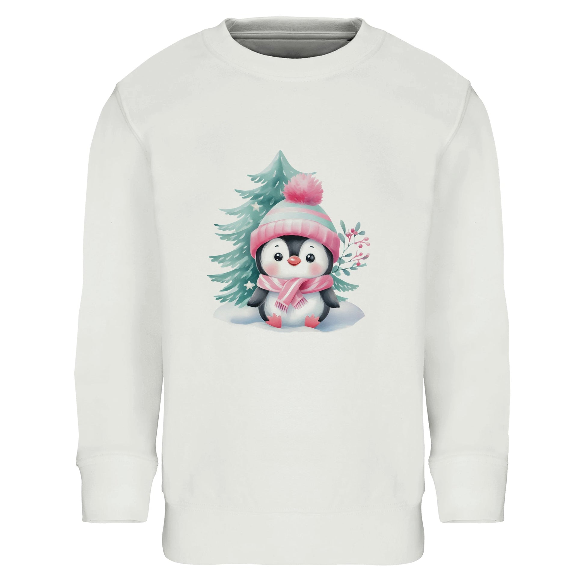 Kinder Sweatshirt mit Pinguin im Schnee - hübscher Mädchen Print für Weihnachten und Winter - 4 bis 14 Jahre – in vielen Farben und Größen - Weiß