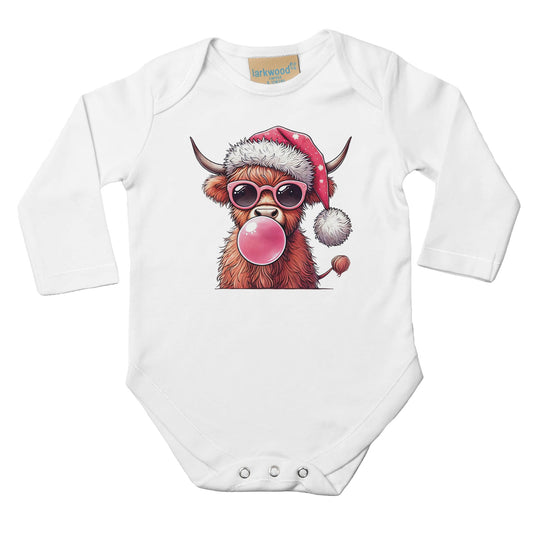 Baby Langarm Body für Weihnachten mit Mädchen Aufdruck - Yak mit Mütze und Kaugummi - 100% Baumwolle - Größe bis 18 Monate bzw. 86 - Strampler Body mit Muster -