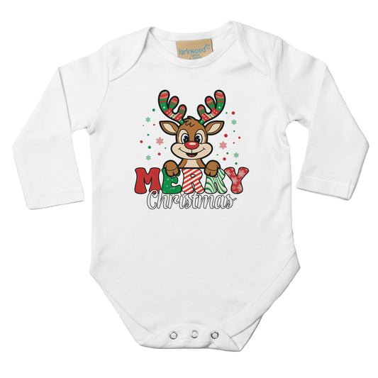 Unisex Baby Langarm Body für Weihnachten mit Aufdruck - Merry Christmas mit Elch - 100% Baumwolle - Größe bis 18 Monate bzw. 86 - Strampler Body mit Muster -