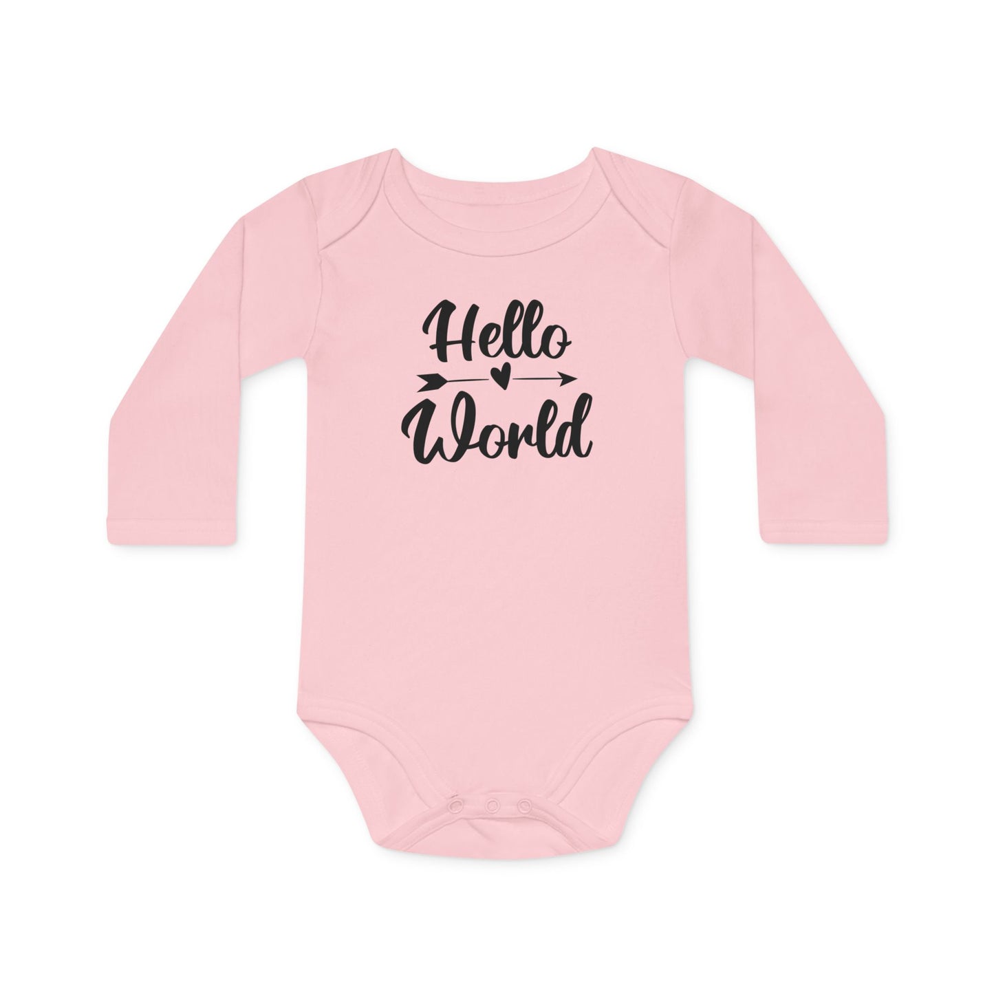 Langarm Baby und Kinder Bio Body mit Spruch Hello World - Unisex Bodysuit mit Aufdruck für Neugeborene und Kleinkinder - 100% Bio Baumwolle, 200 g/m², bis 18 Monate bzw. 86cm - Powder Pink