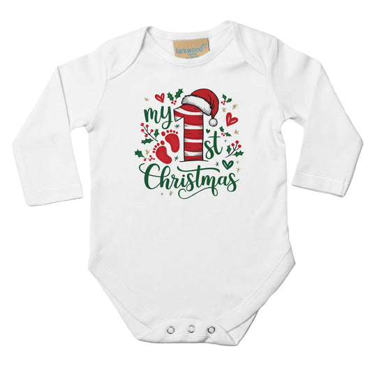 Unisex Baby Langarm Body für Weihnachten mit Aufdruck - My first Christmas mit Baby-Füße - 100% Baumwolle - Größe bis 18 Monate bzw. 86 - Strampler Body mit Muster -