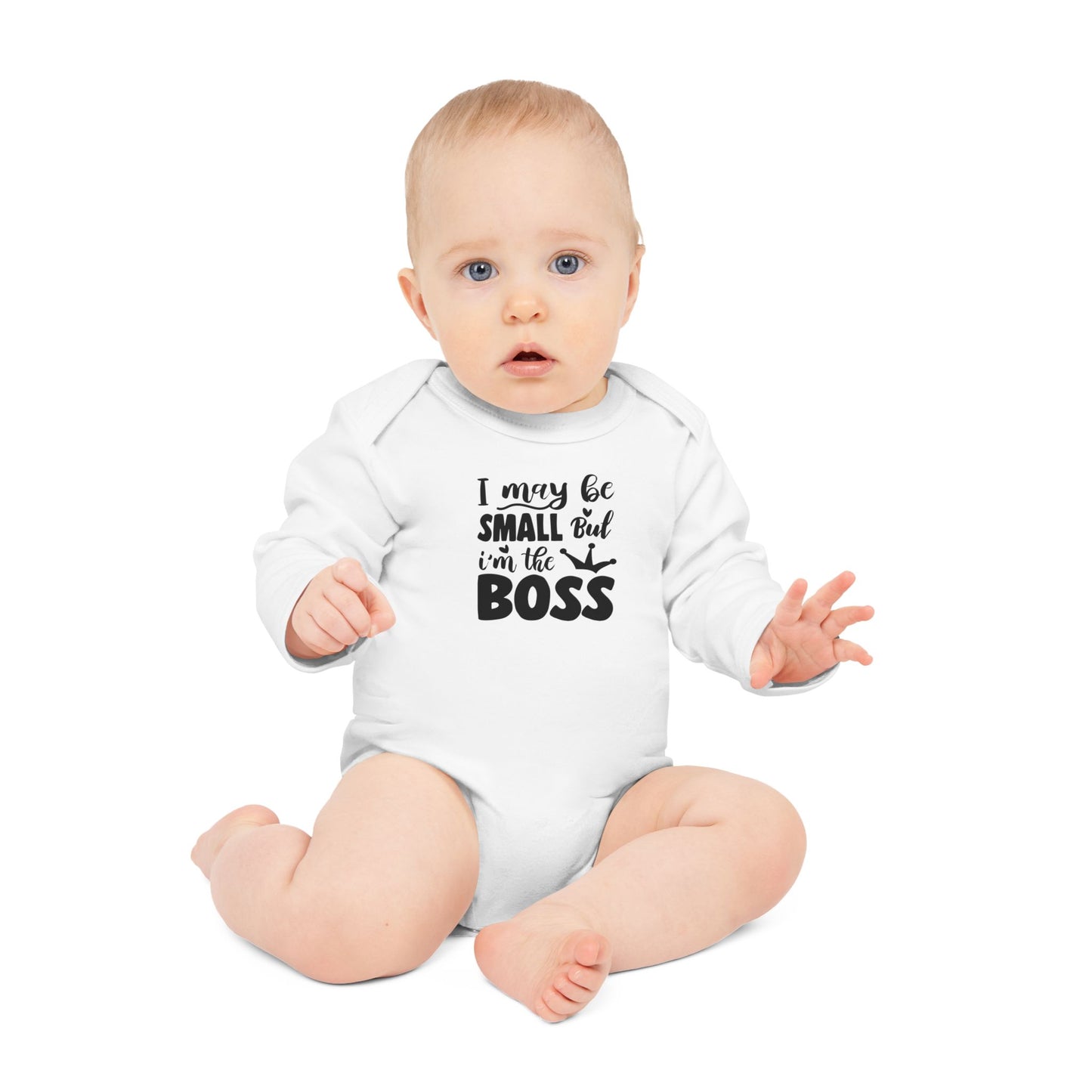 Langarm Baby und Kinder Bio Body mit Spruch "I may be small, but I´m the boss" - Unisex Bodysuit mit Aufdruck für Neugeborene und Kleinkinder - 100% Bio Baumwolle, 200 g/m², bis 18 Monate bzw. 86cm -