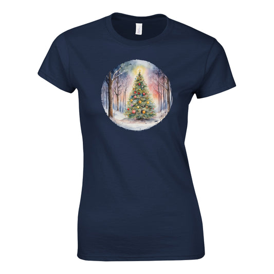 Tailliertes Damen Kurzarm T-Shirt mit Print - bunter im Winterwald - Weihnachten und Winter – viele Farben und große Größen - Marine