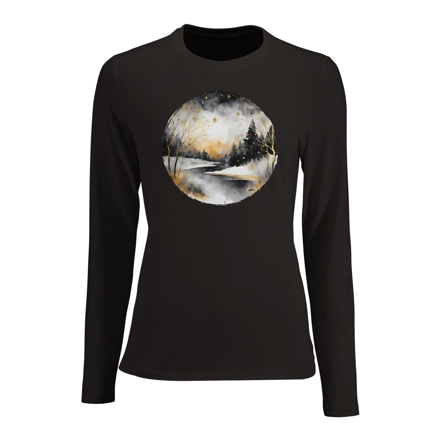 Tailliertes Damen Langarm-T-Shirt mit winterlichem Flusslauf und weihnachtliche Sterne - elegantes Motiv - grau weiß gold schwarz - Deep Black